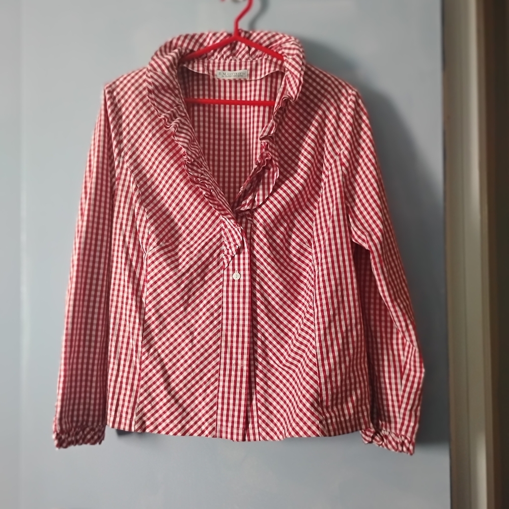 Vintage Red + White Gingham Cotton Poplin Ruffled Neckline Blouse L